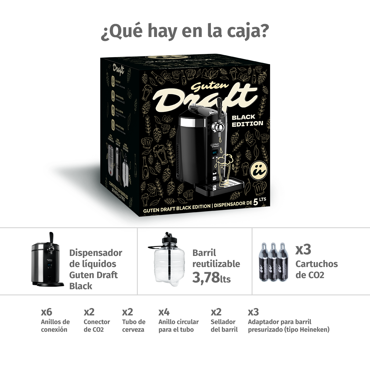 Dispensador de Cerveza Guten Draft Black Edition | Barriles 5L | Cerveza Siempre Fría