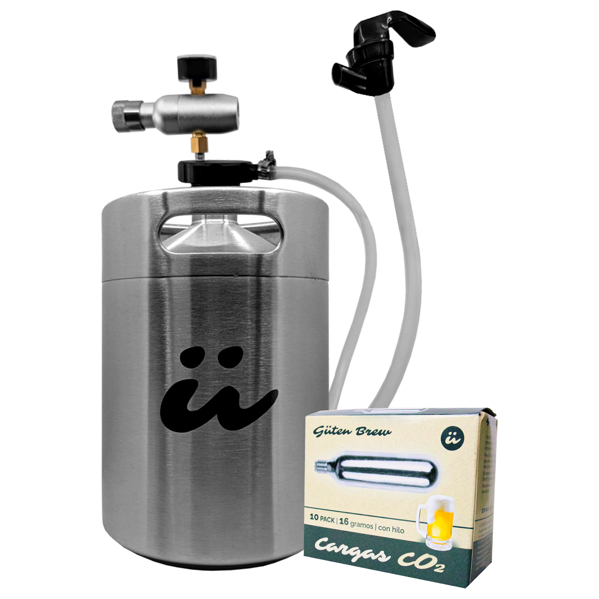 Keg 5lt con dispensador flexible + 1 caja cartuchos de CO2 | Guten Keg-to-Go Flex + 10 CO2