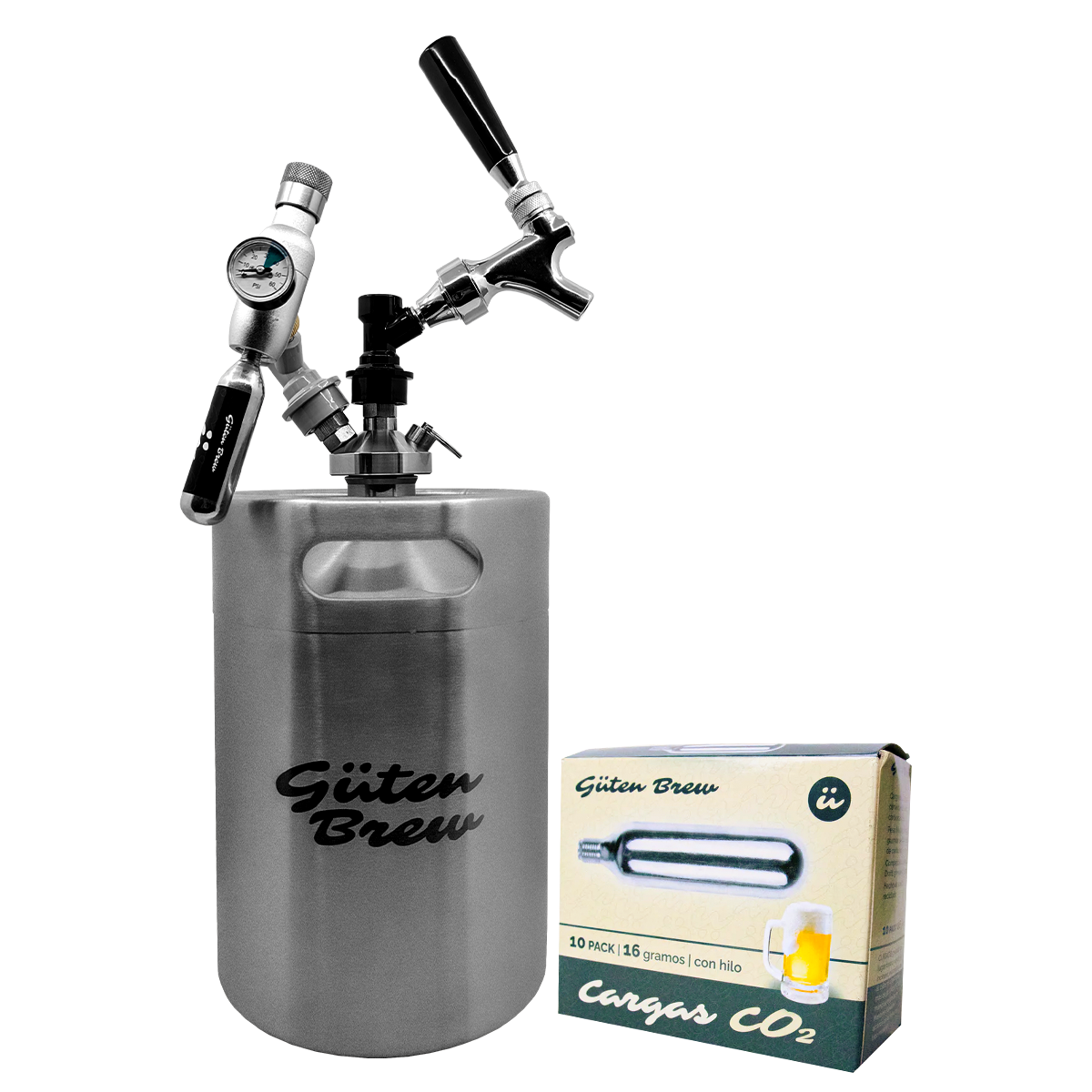 Keg 5lt con dispensador grifo + 1 caja cartuchos de CO2 | Guten Keg-to-Go Grifo + 10 CO2