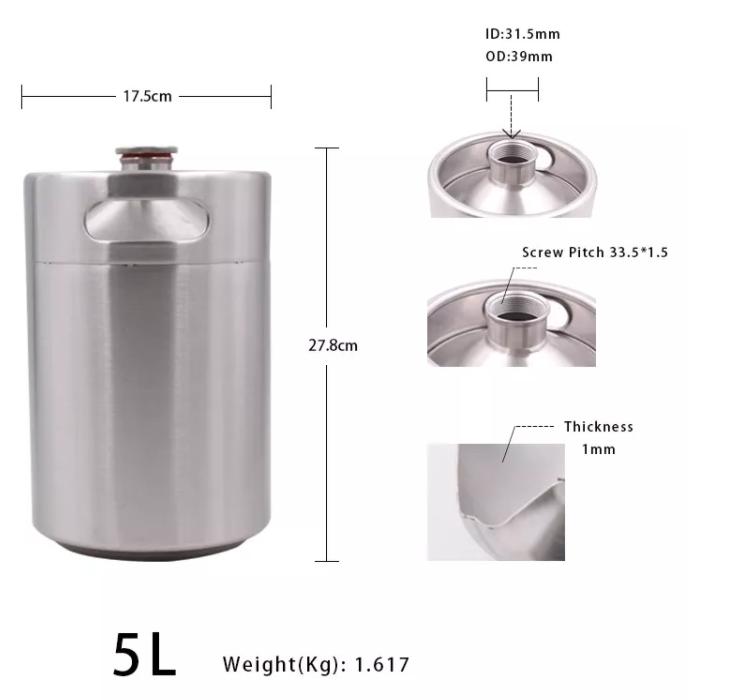 Barril Acero Inoxidable 5 lts | Growler | Mini Keg